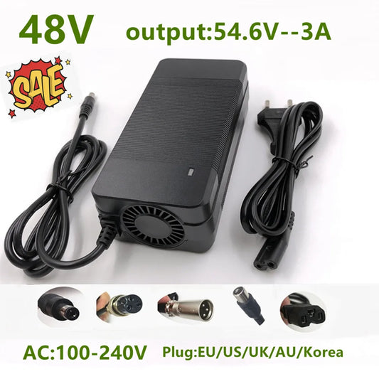 54.6V 3A Lithium Battery Charger For 13Series 48V Li-ion Battery Pack Charger High quality With Cooling Fan