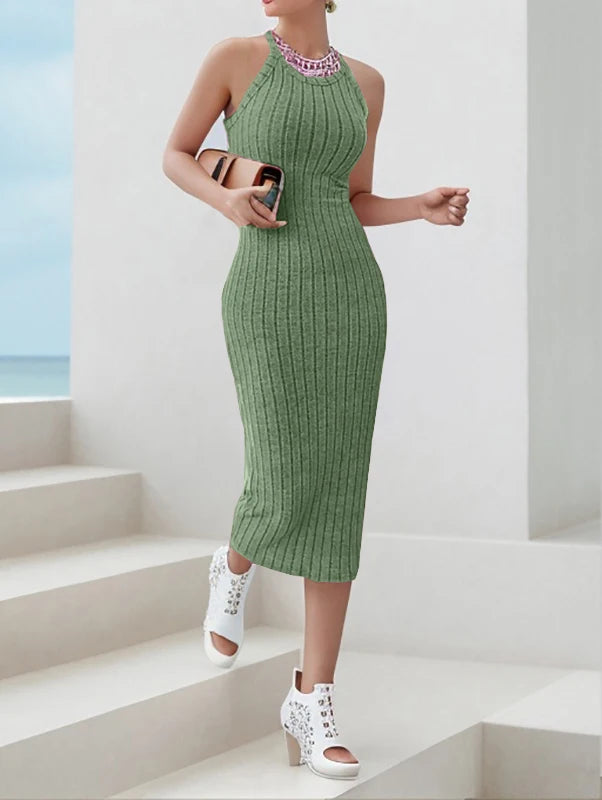 Solid Halter Neck Bodycon Midi Dress High-end temperament vest halter dress women's summer new high-waist slim temperament slim