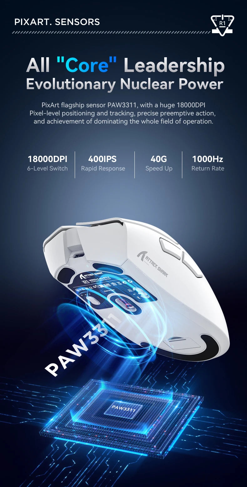 R1 Superlight Mouse Bluetooth 2.4G Wireless Gaming Mouse PixArt PAW3311 Gaming Sensor 6 Adjustable DPI for Office Game