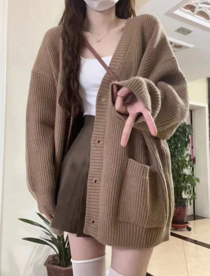 Autumn Winter Women Cardigan Sweater Coats Fashion Female Long Sleeve V-neck Loose Knitted Jackets Casual Sweater Cardigans