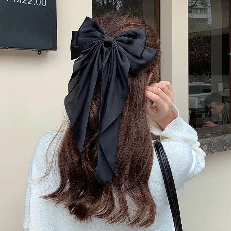 Korean Accessories Hair Clips for Women Girls Big Bowknot Solid Satin Long Ribbon Bows Spring Clamp Barette Cheveux Femme 2023