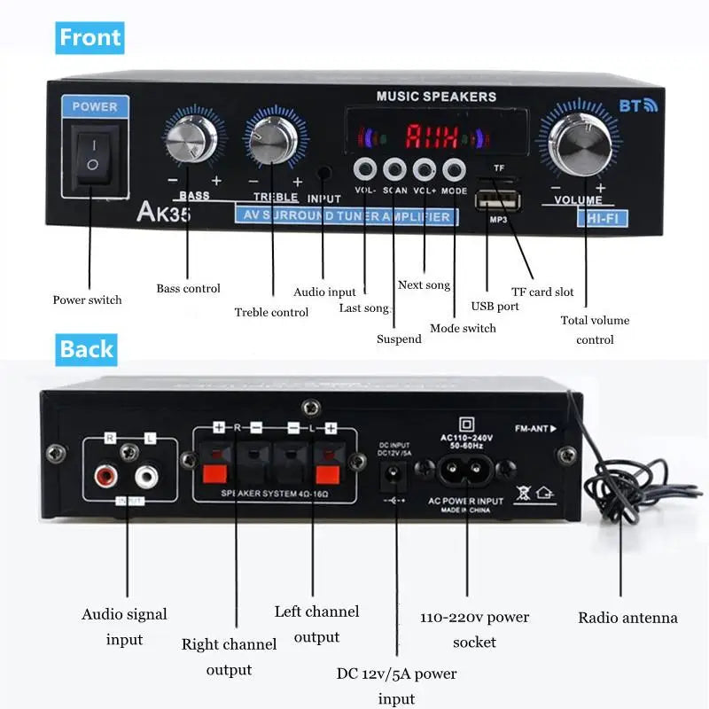 AK35/AK45/AK55 Sound Amplifiers Bluetooth Digital Amplifier for Home Car Karaoke 2 Channel HiFi Stereo AMP FM USB Remote Control