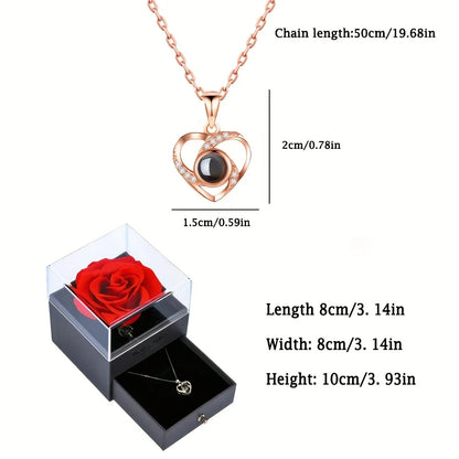 Projection Necklace Set With Rose Gift Box 100 Languages I Love You Heart Pendant Jewelry 2023 Hot Sale Accessories Dropshipping