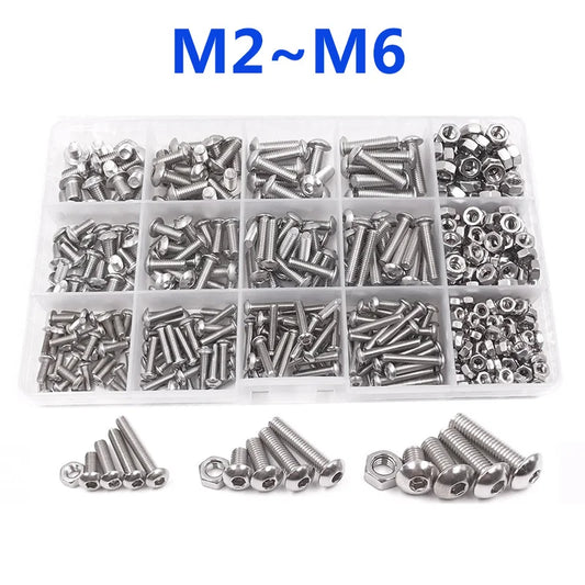 120-434Pcs 304 Stainless Steel Hex Button Socket Head Cap Screw Hexagon Thread Machine Metric Nut Bolt Assortment Kit Set M2~M6