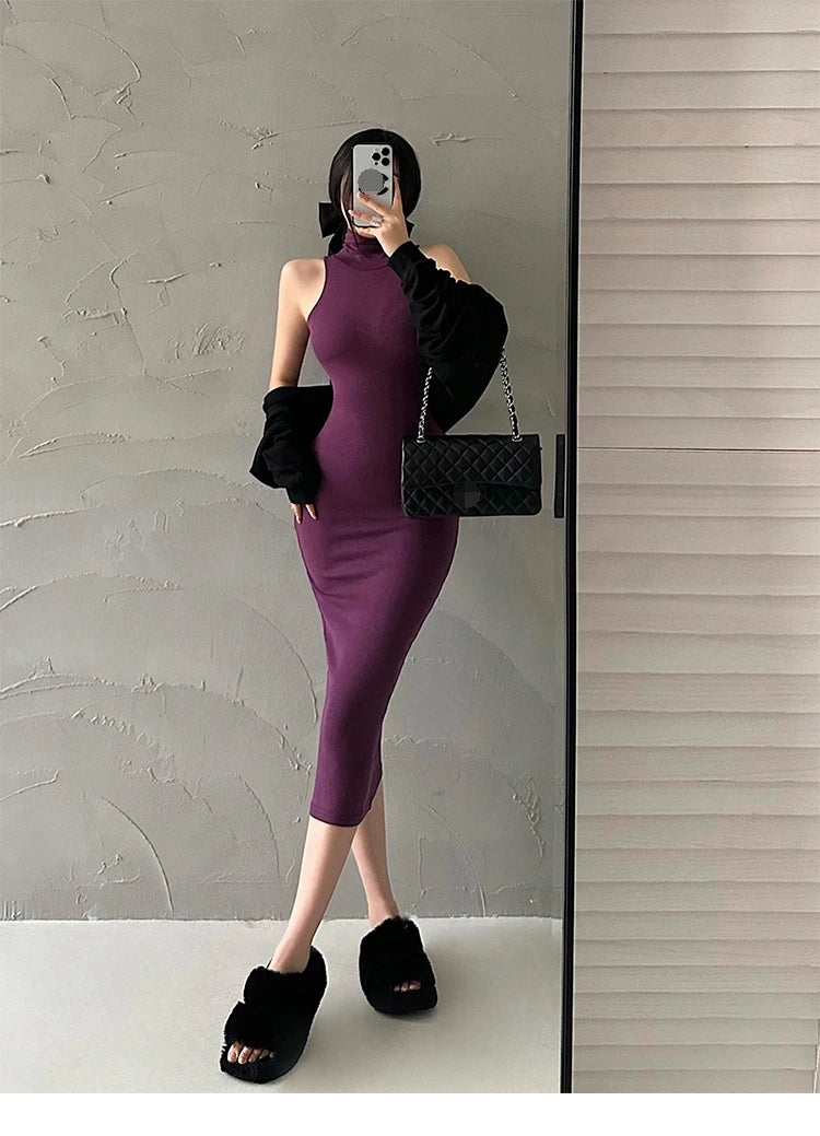 Red Skinny Sexy Turtleneck Midi Dress Women Evening Party Ladies Elastic Hip Wrap Elegant Bodycon Dresses Y2k Clothing