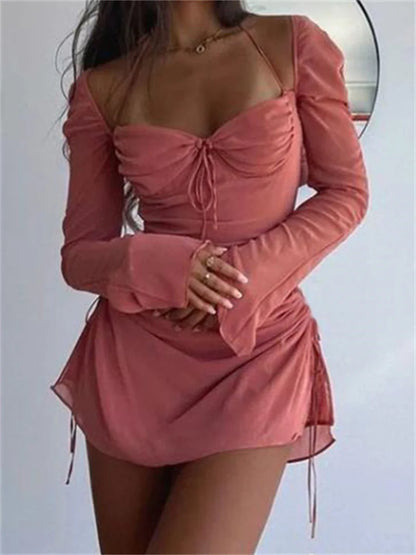 wsevypo Elegant Off-Shoulder Halter Short Dress Women Long Flare Sleeve Side Drawstring Ruched Mini Dress A-Line Party Vestidos