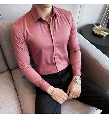 10Color High Quality Solid Dress Shirt Men Simple Long Sleeve Slim Fit Business Shirts Homme Social Casual Shirt Plus Size 5XL-M