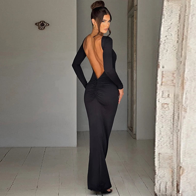 Hugcitar Spring Elegant Long Sleeve Backless Solid Cuched Sexy Bodycon Maxi Prom Dress Women Outfit Evening Party Festival Y2K