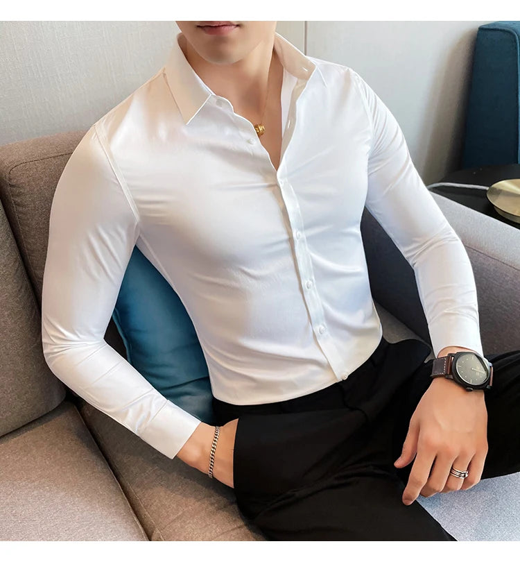 10Color High Quality Solid Dress Shirt Men Simple Long Sleeve Slim Fit Business Shirts Homme Social Casual Shirt Plus Size 5XL-M