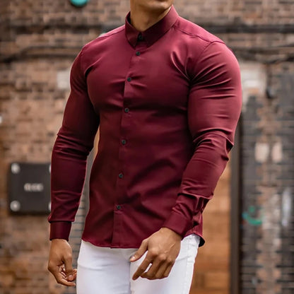 Autumn Fashion Casual long Sleeve Shirt Men Super Slim Social Business Dress Shirt Solid Undershirt Mens Fitness Sports Clothing