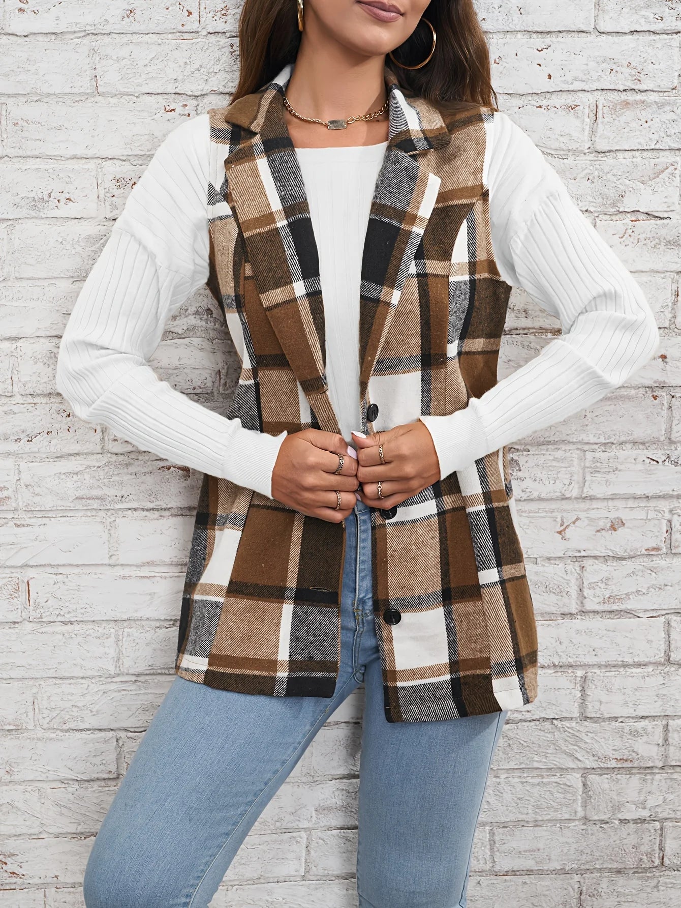 Europe America Hot selling women's elegant commuting lapel single breasted multicolored plaid spring and autumn vest