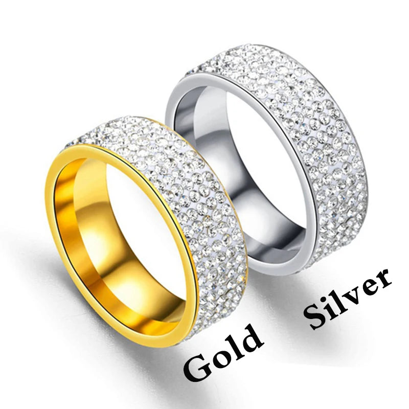 8mm Wide Five Rows Full Rhinestone Shiny Rings Stainless Steel Gold Silver Color Ring For Women Men Hiphop Fashion Party Jewelry