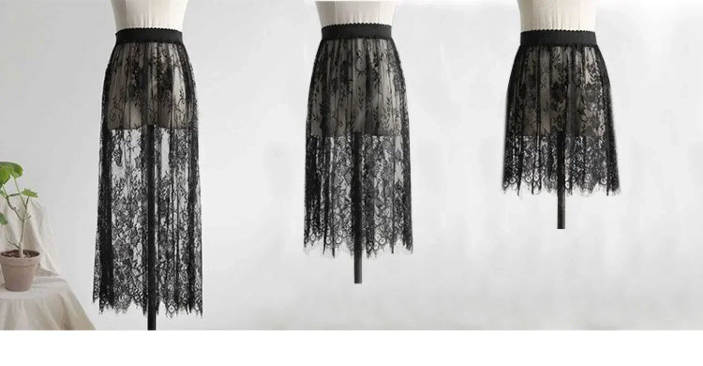 2 Length Elegant Black Skirt White Lace Transparent Long Tulle Skirt Ladies Elastic High Waist Beach Midi Skirt Drop shipping