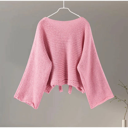 Oversize Sweater Women Loose Lazy Lace Up Bow Knit Pullover Female 2024 Autumn Winter Fashion Solid Big Sleeves Knitwears Lady