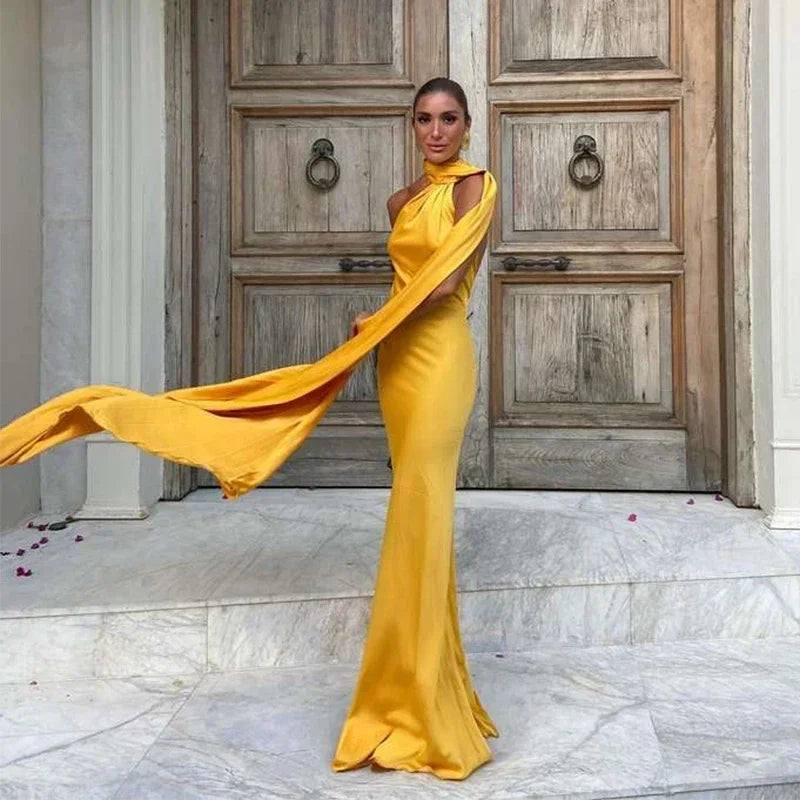 Party Satin Ribbon Halter Evening Dress Women Sexy Backless Off Shoulder Sleeveless Solid Long Female Dresses 2024 Lady Robes