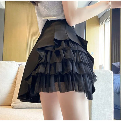 Elegant White Ruffled High Waist Mini Skirt For Women Fashion Casual Pleated Fluffy A-line Skirts Summer Lady Party Casual Skirt