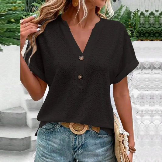 Breathable Women's V-neck Summer Tops Soft Pullover with Hollow Out Design Loose Fit  Button Decor Stylish Female Clothing