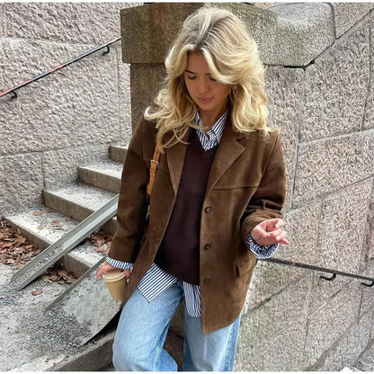 Casual Brown Lapel Pocket Suede Leather Jacket Fashion Woman Single Button Long Sleeve Crop Coat 2024 Lady Autumn Street Outwear