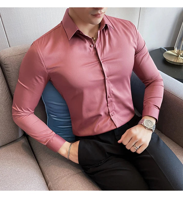 10Color High Quality Solid Dress Shirt Men Simple Long Sleeve Slim Fit Business Shirts Homme Social Casual Shirt Plus Size 5XL-M