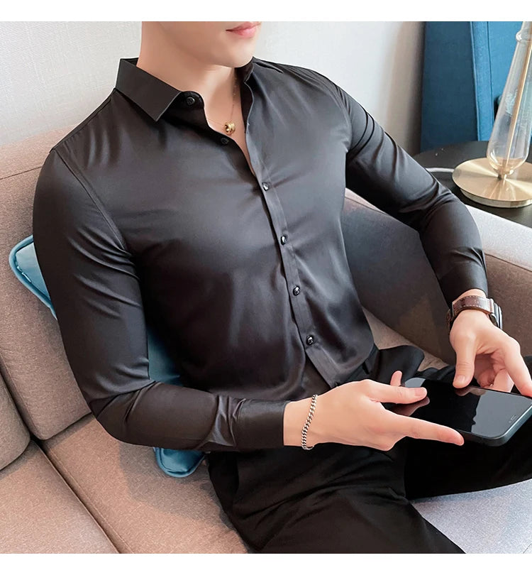 10Color High Quality Solid Dress Shirt Men Simple Long Sleeve Slim Fit Business Shirts Homme Social Casual Shirt Plus Size 5XL-M