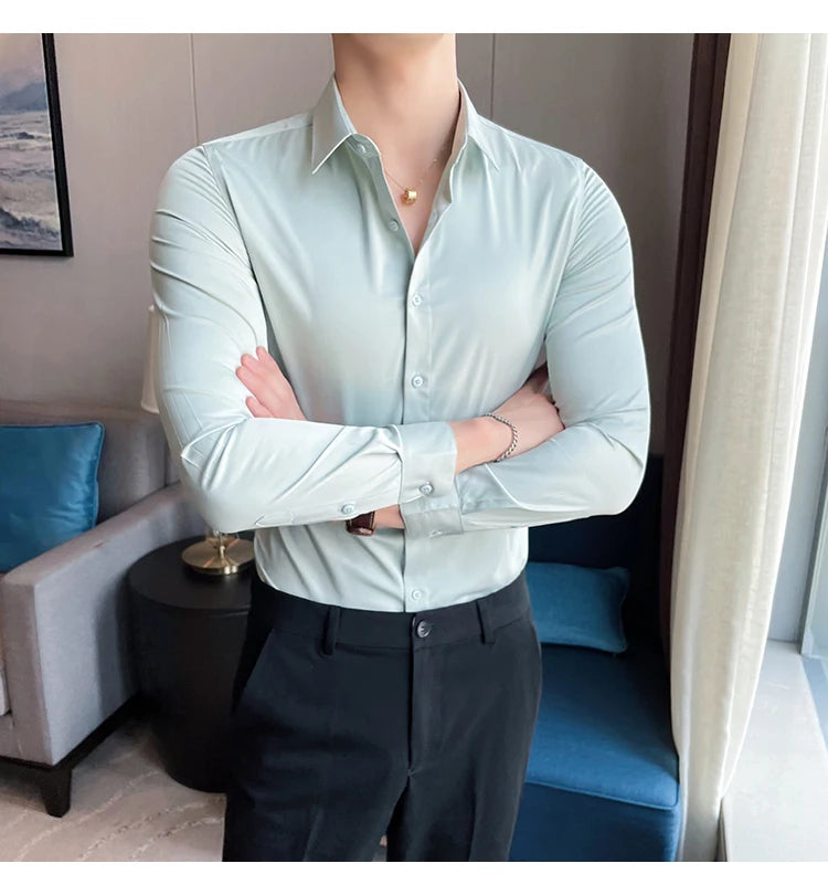 10Color High Quality Solid Dress Shirt Men Simple Long Sleeve Slim Fit Business Shirts Homme Social Casual Shirt Plus Size 5XL-M