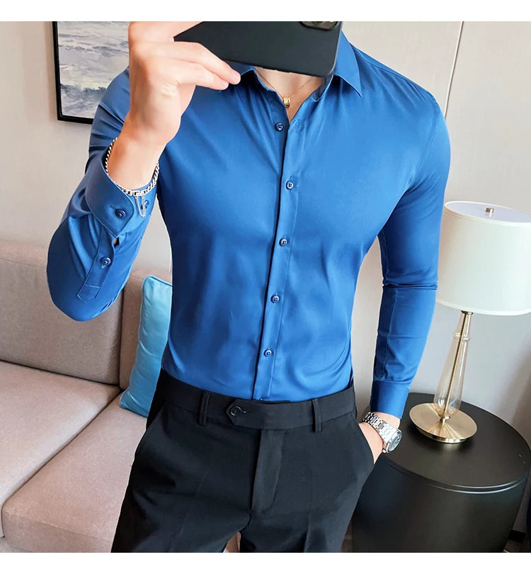 10Color High Quality Solid Dress Shirt Men Simple Long Sleeve Slim Fit Business Shirts Homme Social Casual Shirt Plus Size 5XL-M