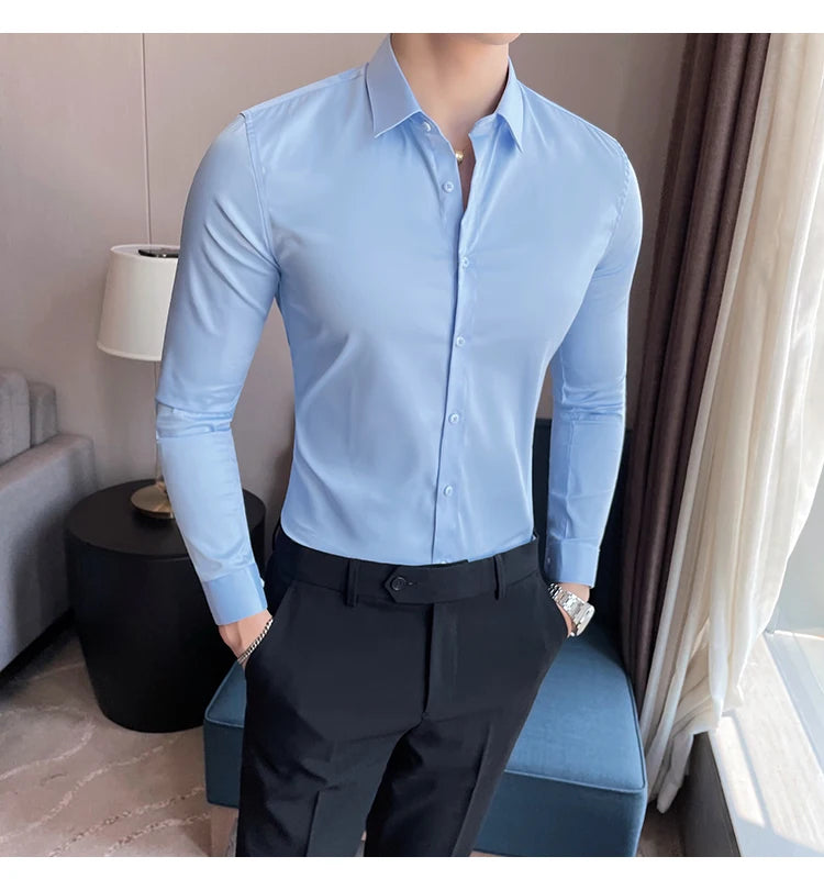 10Color High Quality Solid Dress Shirt Men Simple Long Sleeve Slim Fit Business Shirts Homme Social Casual Shirt Plus Size 5XL-M