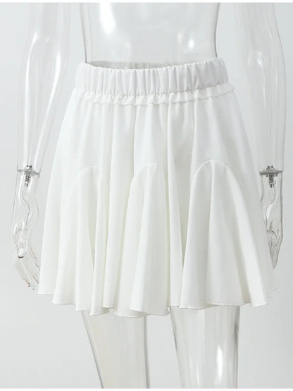 Elegant White Ruffled High Waist Mini Skirt For Women Fashion Casual Pleated Fluffy A-line Skirts Summer Lady Party Casual Skirt