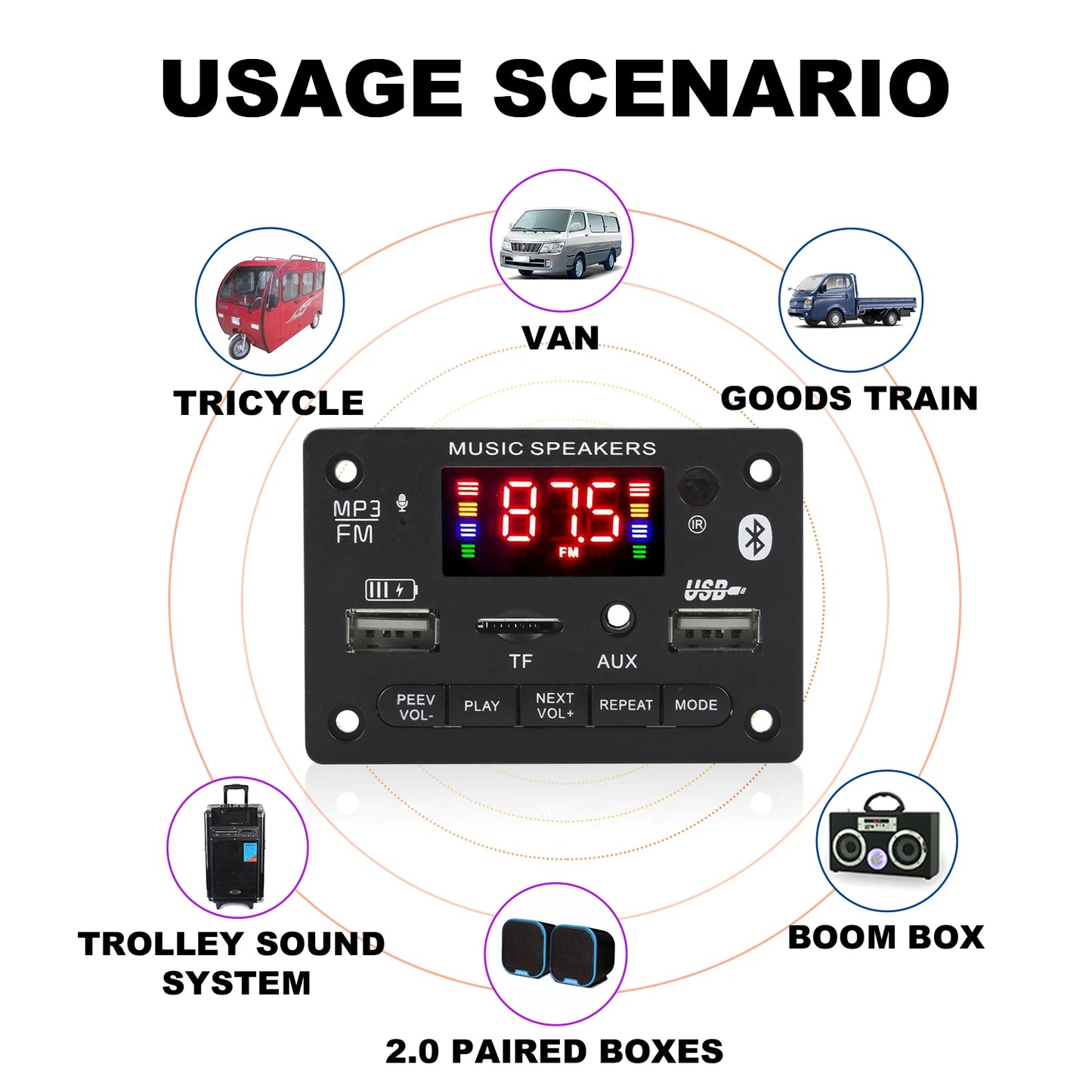 Bluetooth 5.0 MP3 Decoder Board 2*40W 80W Amplifier Audio Player 12V DIY MP3 Player Car FM Radio Module TF USB Mic Record Call