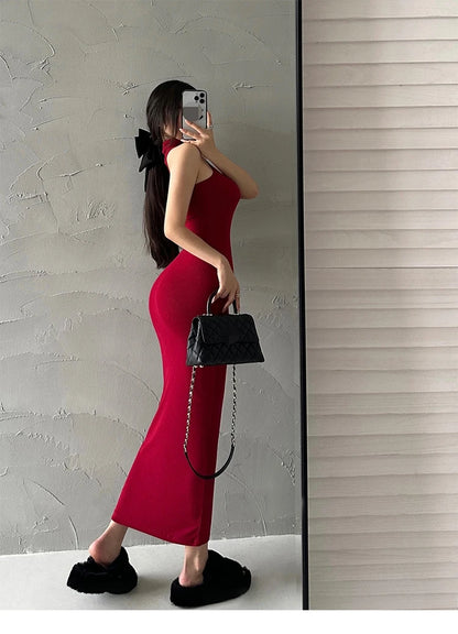 Red Skinny Sexy Turtleneck Midi Dress Women Evening Party Ladies Elastic Hip Wrap Elegant Bodycon Dresses Y2k Clothing