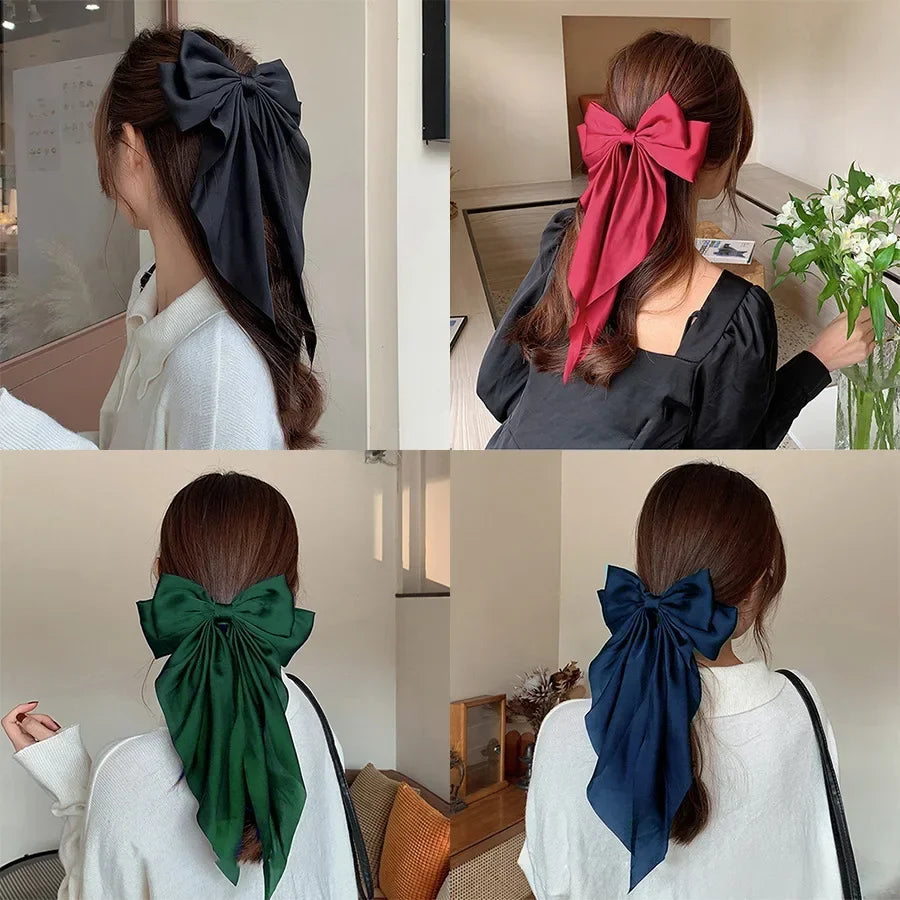 Korean Accessories Hair Clips for Women Girls Big Bowknot Solid Satin Long Ribbon Bows Spring Clamp Barette Cheveux Femme 2023