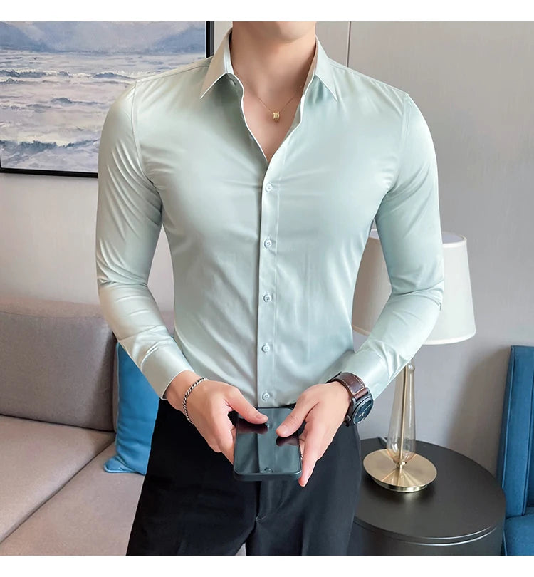 10Color High Quality Solid Dress Shirt Men Simple Long Sleeve Slim Fit Business Shirts Homme Social Casual Shirt Plus Size 5XL-M