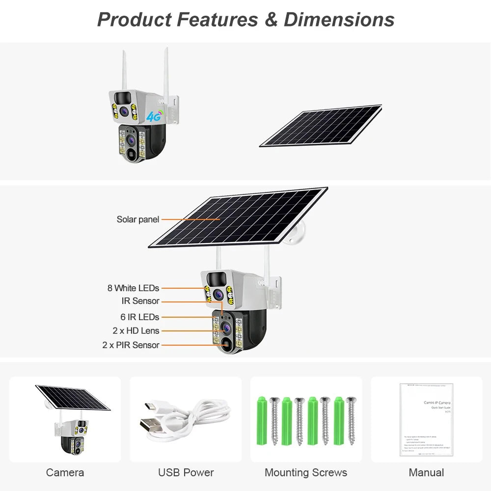 4K Solar Camera 4G SIM Card WiFi Dual Lens 8MP HD Night Vision IP CCTV Surveillance PTZ PIR Human Detection Alarm Waterproof