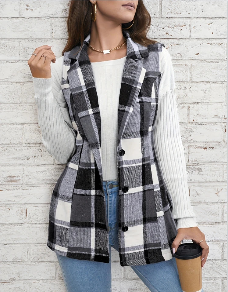 Europe America Hot selling women's elegant commuting lapel single breasted multicolored plaid spring and autumn vest