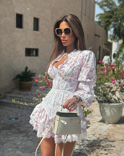 Tossy V-Neck Printed Lace Mini Dress Female Ruffled Fashion High Waist Slim Bandage Summer Short Luxury Party Women's Mini Dress