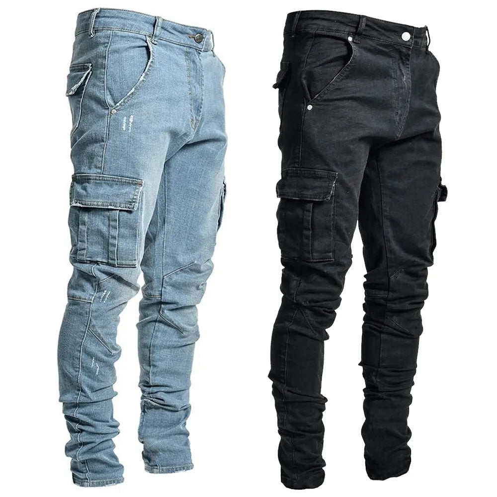 Calça Jeans Elástica de Rua Masculina Calça Cargo Jeans Lavagem Cor Sólida Multi Bolsos Casual Cintura Média Calças Slim Fit Uso Diário Joggers