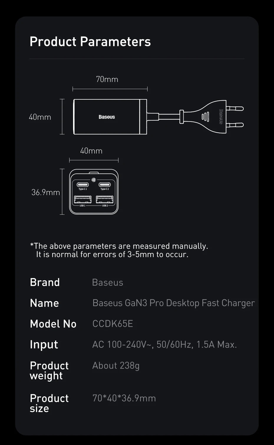 Baseus 65W/100W GaN Charger Desktop Laptop Fast Charger 4 in 1 Adapter For iPhone 15 14 13 Pro Max Phone Charger Xiaomi Samsung