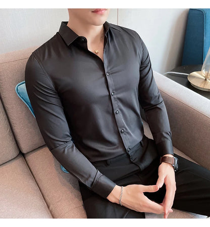 10Color High Quality Solid Dress Shirt Men Simple Long Sleeve Slim Fit Business Shirts Homme Social Casual Shirt Plus Size 5XL-M