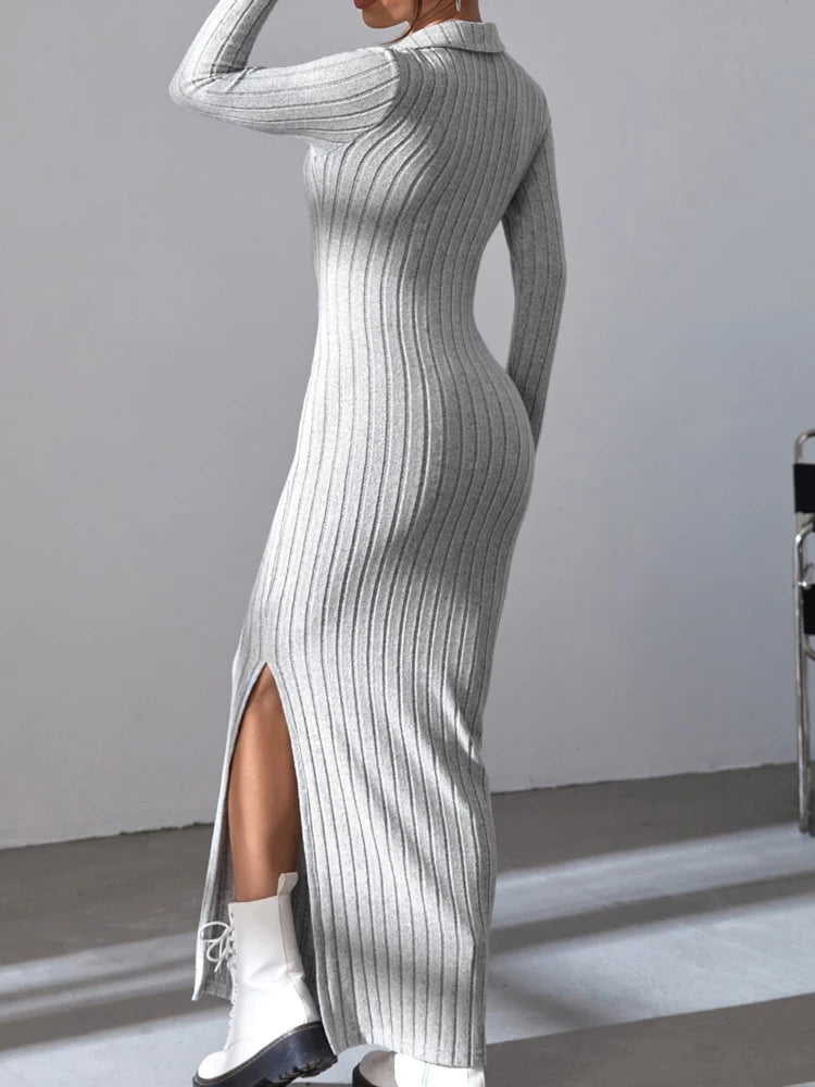 Women sexy knit V-neck reverse neck split dress autumn winter full sleeve elastic basic body sweater