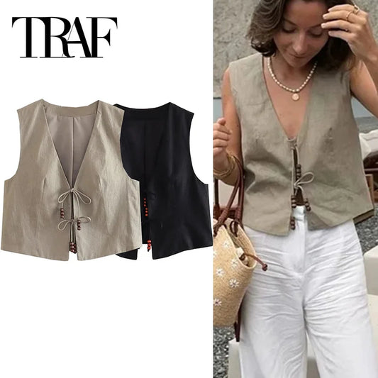 TRAF 2024 Black Cropped Vest Women Jacket Beading Tied Sleeveless Vest Woman Fashion V Neck Summer Vest Short Coats Waistcoat