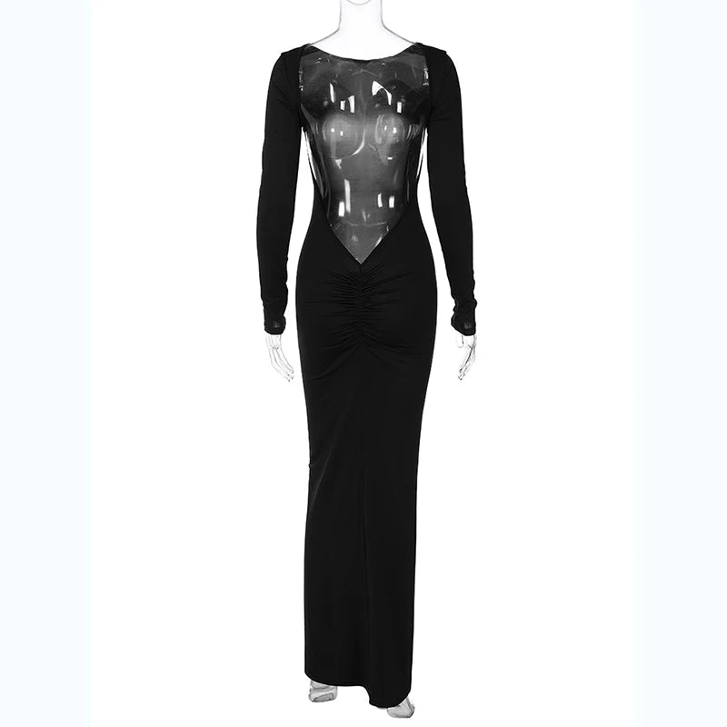 Hugcitar Spring Elegant Long Sleeve Backless Solid Cuched Sexy Bodycon Maxi Prom Dress Women Outfit Evening Party Festival Y2K