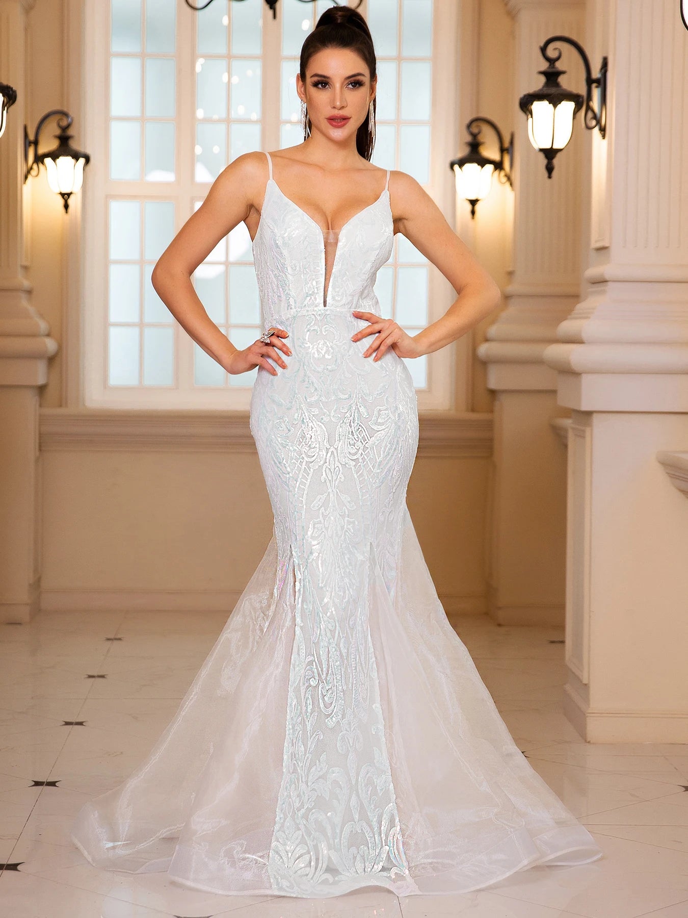 Sleeveless V Neck Sequined Mermaid White Wedding Party Dress Backless Floor Length Evening Prom Gown