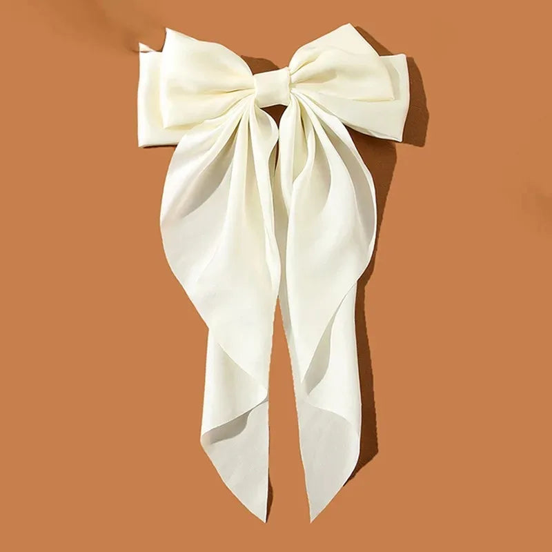 Korean Accessories Hair Clips for Women Girls Big Bowknot Solid Satin Long Ribbon Bows Spring Clamp Barette Cheveux Femme 2023