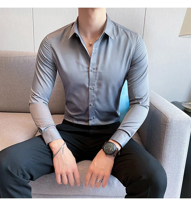 10Color High Quality Solid Dress Shirt Men Simple Long Sleeve Slim Fit Business Shirts Homme Social Casual Shirt Plus Size 5XL-M