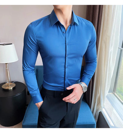 10Color High Quality Solid Dress Shirt Men Simple Long Sleeve Slim Fit Business Shirts Homme Social Casual Shirt Plus Size 5XL-M