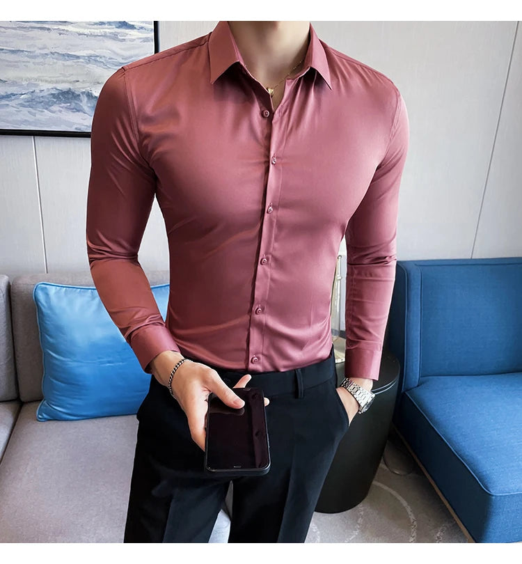 10Color High Quality Solid Dress Shirt Men Simple Long Sleeve Slim Fit Business Shirts Homme Social Casual Shirt Plus Size 5XL-M