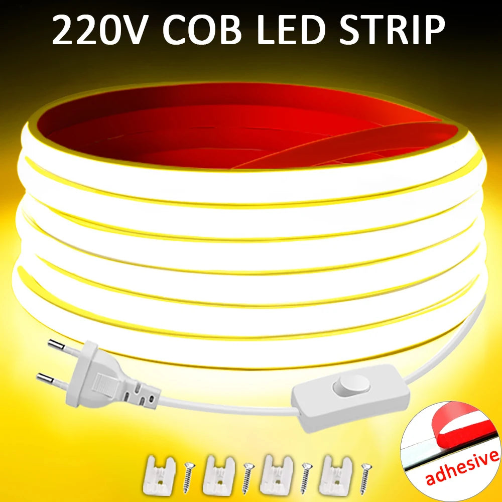 220V Led Strip High Brightness Waterproof COB LED Strip 220V Flexible Ribbon for Room Bedroom Kitchen Outdoor Garden Lighting