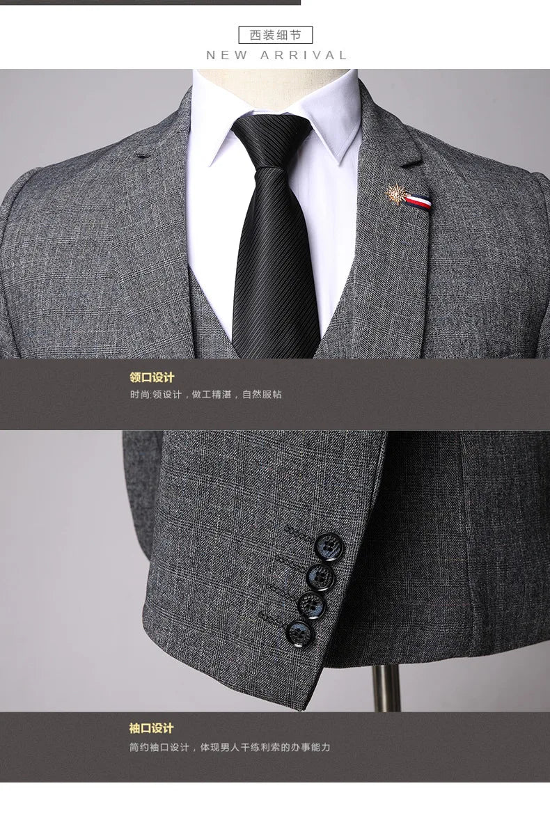 S-5XL (Jacket + Vest + Pants) Retro Gentleman Classic Fashion Plaid Mens Formal Business Slim Suit 3Pces Set Groom Wedding Dress