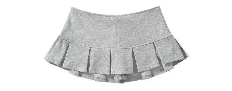 HOUZHOU Terry Fabric Y2K Mini Skirt Women Low Waist Wide Pleat Light Grey Sexy Vintage A-line Pleated Skirt Casual Skort Summer