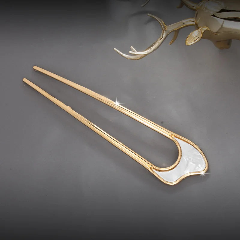 Fashion Luxury Silver Gold Color Elegant Shell Enamel Hairpin for Women Metal U Shape Hair Stick Hairwear Accessories Jewelry